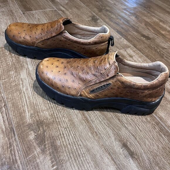 Roper Shoes Mens 11 Ostrich Print Leather Brown Performance Slip On Work Boot - Picture 3 of 12
